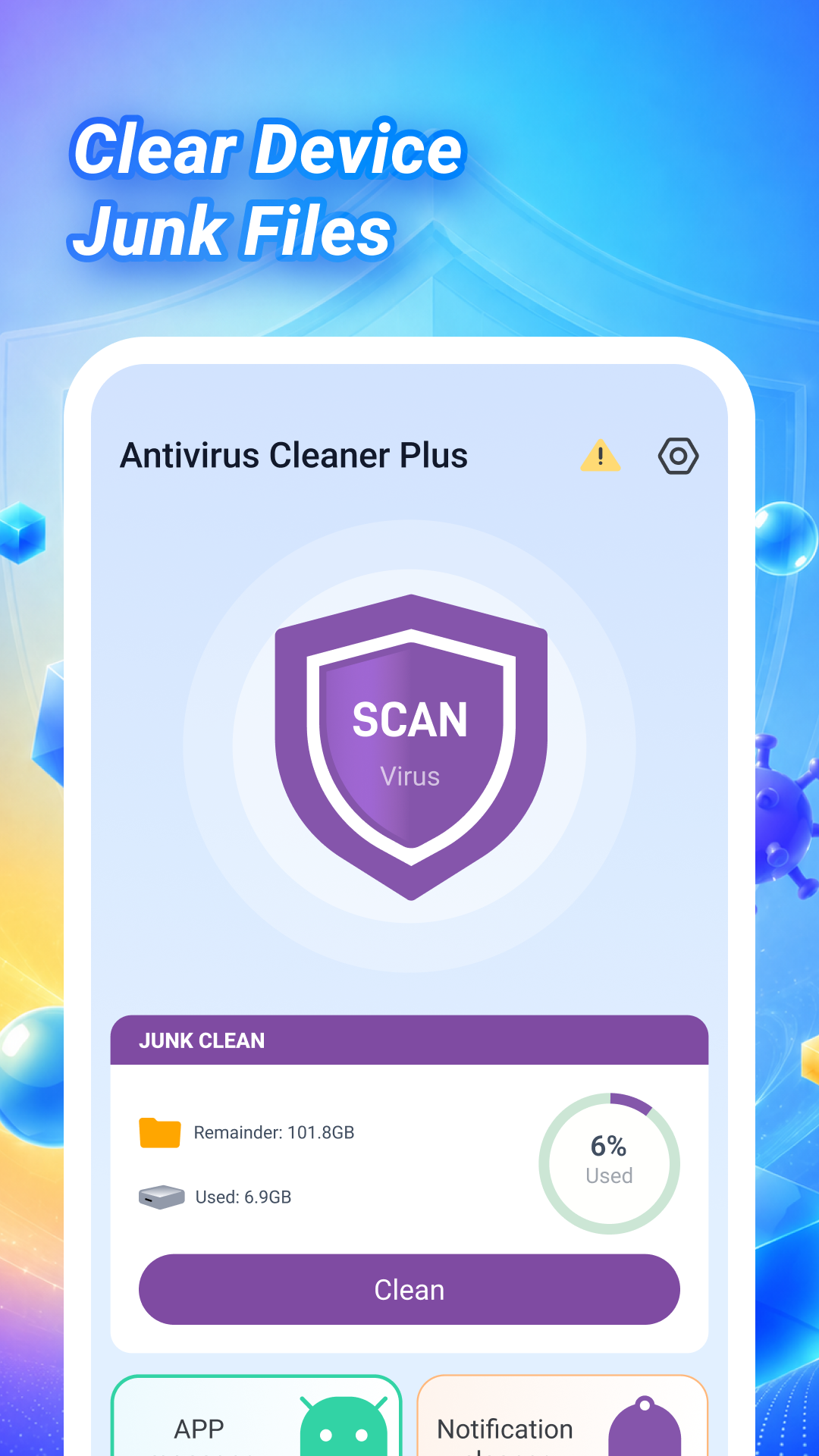 Antivirus Cleaner Plus home screen with virus scan and junk cleaner tools